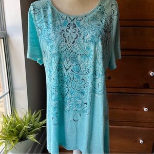 Established 1946 Tunic 18/20 Mint Green Blue Sequins Crocheted Side Vents